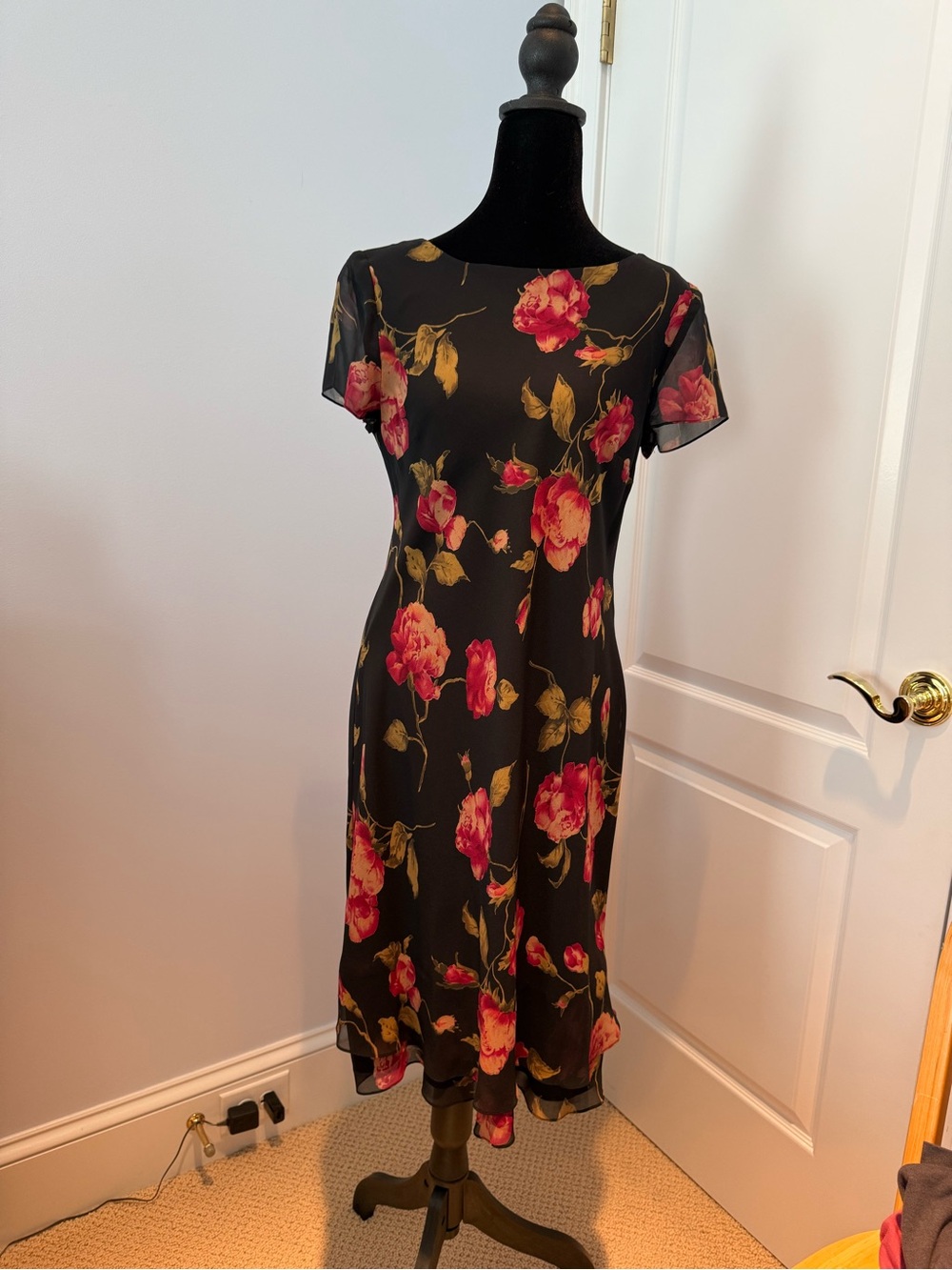 Talbots Black Silk Midi Dress with Red and Pink Floral Print